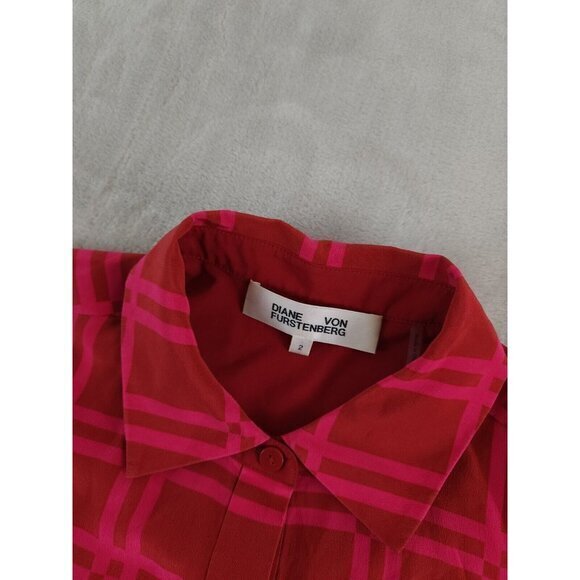 Diane Von Furstenberg Red Plaid Silk Long Sleeve Button Up Shirt Dress Size 2 - Picture 5 of 8